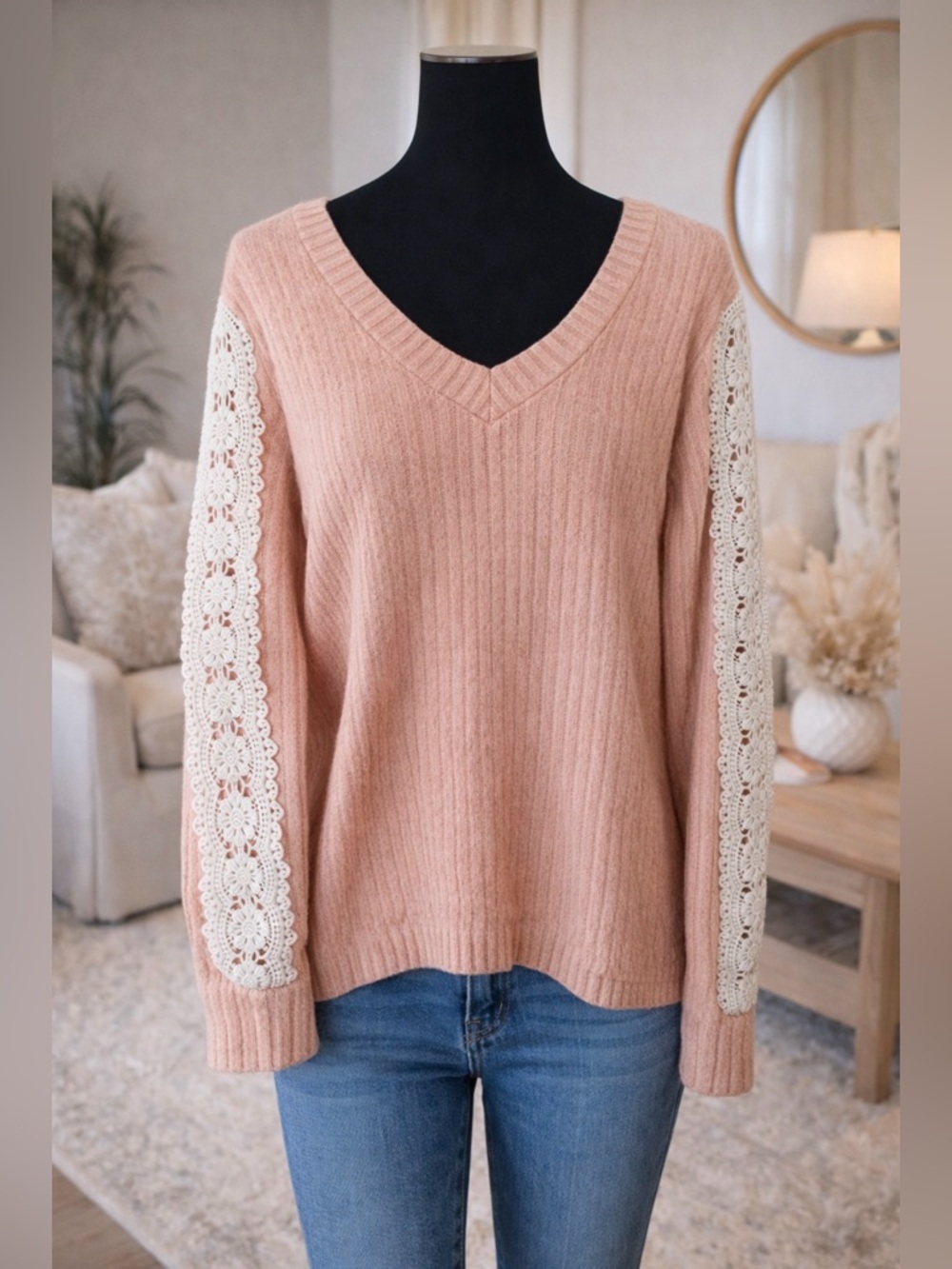 Blush Pink Knit Sweater Lace Sleeve Boho Crochet Detail Women’s Large